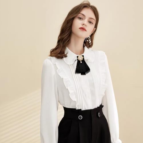 Image of Lace Ribbon Bow Tie Brooch Rhinestone Pearl Necktie for Girl Women Fashion jabot collar brooch pins Pre-Tied Corsage