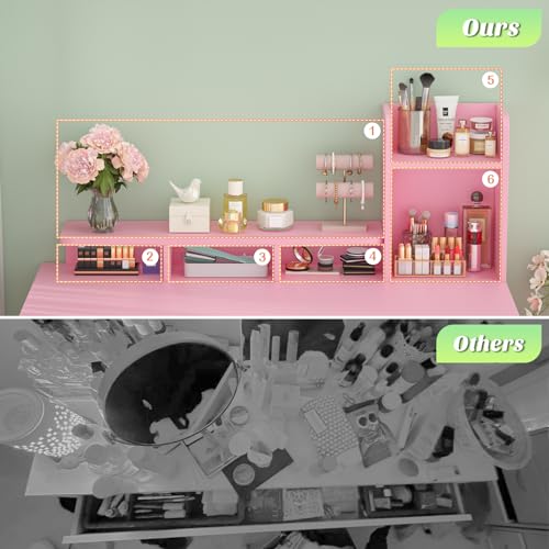 Besiost Vanity Desk, Small Vanity Desk with Power Outlet, Makeup Desk with Drawers and Cabinets, Vanity Set with Storage Shelves for Bedroom, No Mirror, Pink - Thumbnail 5