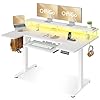 OffiGo U Shaped Electric Standing Desk with Keyboard Tray, 55 Inch Height Adjustable Desk with Power Outlets & LED Lights, Sit Stand Table with Monitor Stand for Home, Office, White