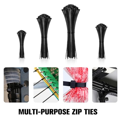 Image of Zip Ties Assorted Sizes(4 inch+6 inch+8 inch+12 inch), 2000 Pack,Black Cable Ties,Multi-Purpose Self-Locking Nylon Cable Cord Management,Plastic Wire Ties for indoor and outdoor use.