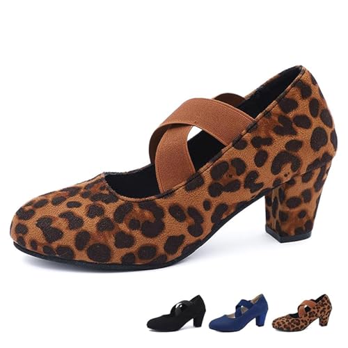 Tacones altos casuales con correa cruzada para mujer, tacones de bloque medio Mary Jane con correa al tobillo, zapatos de corte para mujer, zapatos de trabajo de apoyo cómodo, leopardo, 39.5 EU