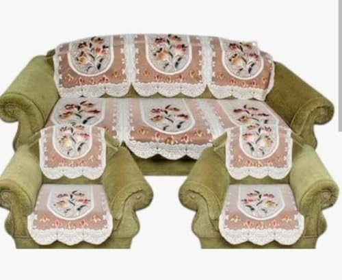 Image of Premium 3-Seater + 2 Single Seater Sofa Cover Set | Anti-Slip Cotton Blend Sofa Protector | Washable & Durability-Enhanced Fabric | Floral Design for Living Room Decor (Rust)