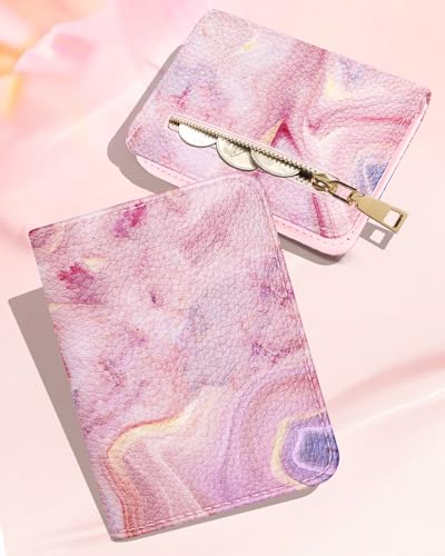 Image of Bistup Leather 12 Slot Accordion Card Holder Wallet, Pink Marble | Accordion Storage, Zipper Around Closure, Compact Patterned Wallet for IDs, Cards, Cash, Daily Carry and Gifts