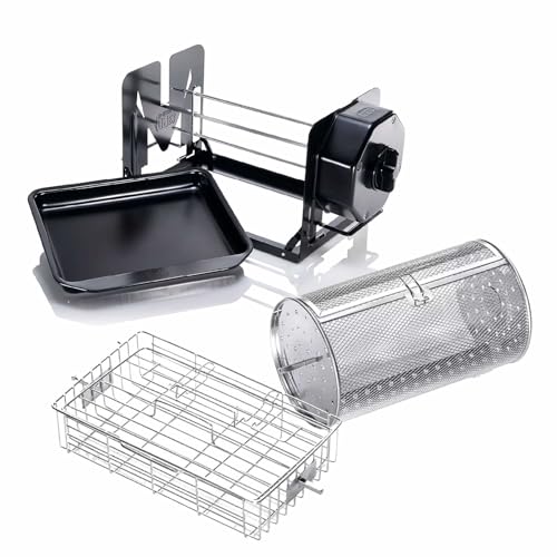ROTO-Q 360 RF Manual Rotisserie Cooker | Plus Basket + Cage Edition | Portable Collapsible Design | Color: Black | Stainless Steel Construction | Oven Grill & Outdoor Compatible