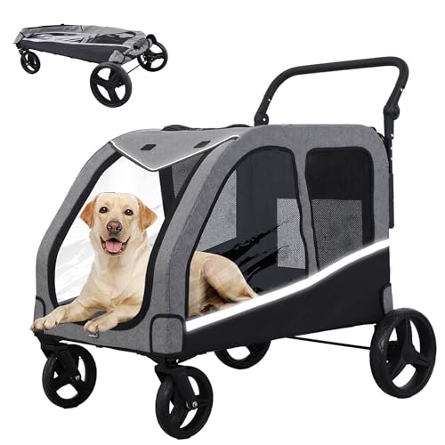 Image of Saudism Dog Stroller for Large & Medium Dogs (up to 160lbs), Pet Stroller for 2 Small Dogs, Extra Large Heavy Duty, Dog Wagon Foldable & Adjustable Handle with Pocket, Grey