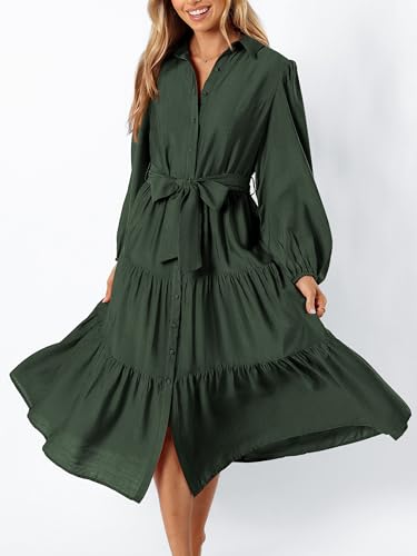 MASCOMODA Womens Dresses 2025 Fall Long Sleeve Midi Dress Casual V Neck Button Down Tiered Flowy Aline Tie Waist Shirt Dress2