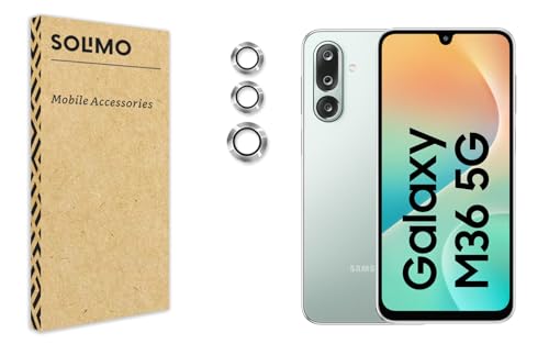 Image of Amazon Brand - Solimo Camera Glass Lens Protector Ring for Samsung Galaxy M36 5G Case Friendly with Edge to Edge Coverage and Easy Installation (Silver)