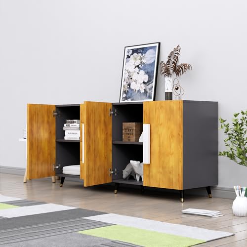 Image of Bniture Storage Cabinet Wooden for Living Room Sideboard with 4 Drawer and 3 Door | Storage Organizer Chest of Drawer Cabinet for Home Hallway Drawing Room Bedroom Kitchen | Slate Grey & Giant Wood