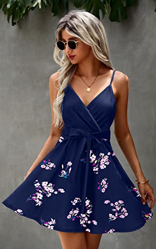 Image of ECOWISH Summer Dresses for Women 2026 V-Neck Spaghetti Strap Bowknot Backless Sleeveless Lace Mini Swing Skater Dress