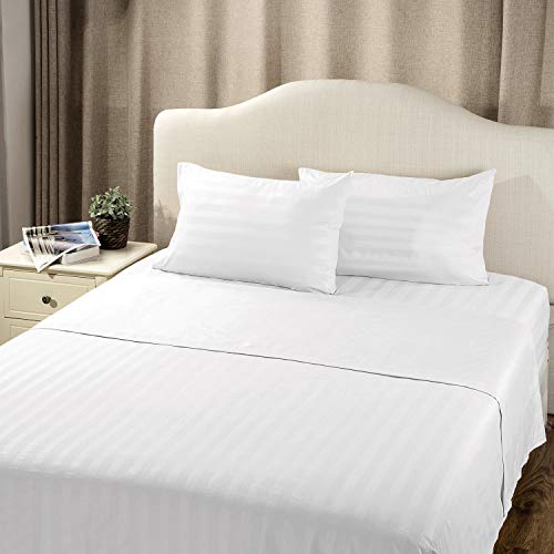 Image of (1 Flat Sheet Only,White Stripe , Full XXL) 100% Egyptian Cotton Luxurious 600 Thread Count