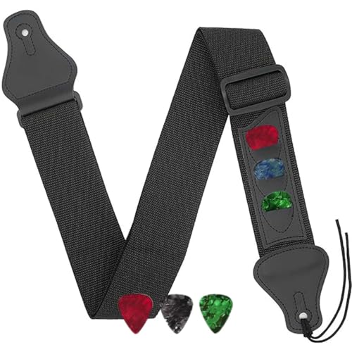 Aestustheri Adjustable woven guitar strap with leather ends and 3 pick storage pockets - includes 3 guitar picks - suitable for bass, electric and acoustic guitars (black)