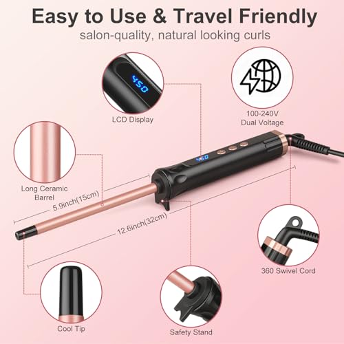 Image of Curling Iron Wand for Long Short Hair, Ceramic Barrel Hair Curler with 14 Adjustable Temperature, Dual Voltage Travel Styler, 30s Heat Up & Auto Shut Off (3 /8 inch)