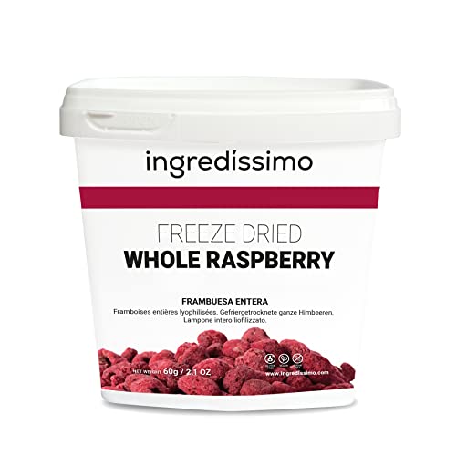 INGREDISSIMO - Frambuesa Entera Liofilizada, Fruta Seca, Producto Vegano, sin Gluten y sin Azúcar Añadido, Snack Saludable y Crujiente de Color Rojo Violeta, para Platos y Recetas - 60 g