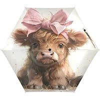 RPLIFE Compact Umbrella, Compact Size for Women Backpacks/Handbags, Travel Umbrellas for Sun, Highland Cow Pink Bow