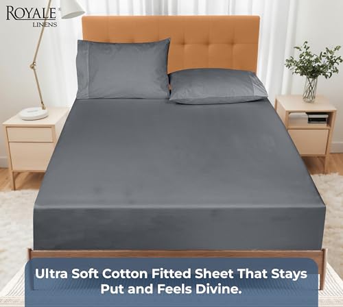 Image of Royale Linens 100% Organic Cotton Fitted Sheet - Percale Weave - Super Soft Deep Pocket Bottom Sheets - Grey Elastic Sheet Queen Size - Queen Fitted Sheets Only - (60 inchx80 inch+15 inch, Grey)