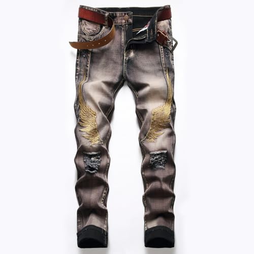 Jeans Pants Trouser Denim Men Street Trendy Grinding Fading Washed Personalized Wings Embroidered Piercing2