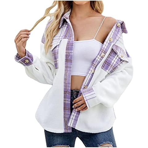 NUSGEAR Shacket Women UK Plaid Teddy Wool Shacket Jacket,Oversized Ladies Fleece Sweater Casual Loose Checked Fall Checkered Shirts Coat Cover