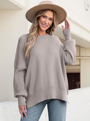 Image of ANRABESS Women Oversized Sweaters Batwing Long Sleeve 2026 Fall Outfits Crewneck Casual Knit Side Slit Fashion Pullover Top