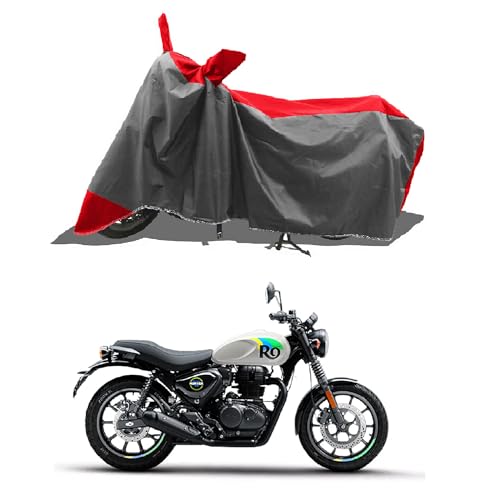 ROMEIZ All Weather Protection Bike Cover for New RE Hunter 350 Bike Cover with Water-Resistant and Dust Proof Premium 190T Fabric_Red Stripe with Grey...