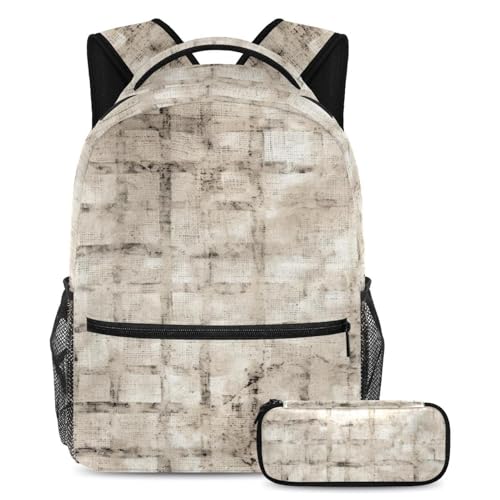 Sac à dos texture vintage chiné blanc anti-désordre avec grande trousse scolaire intégrée
