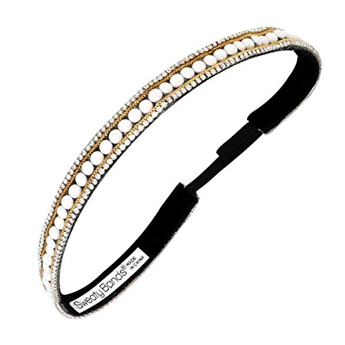 Sweaty Bands Womens Girls Headband - Non-Slip, Velvet-Lined Jeweled Hairband - Bling It Pearls Of Wisdom White 3/8-Inch