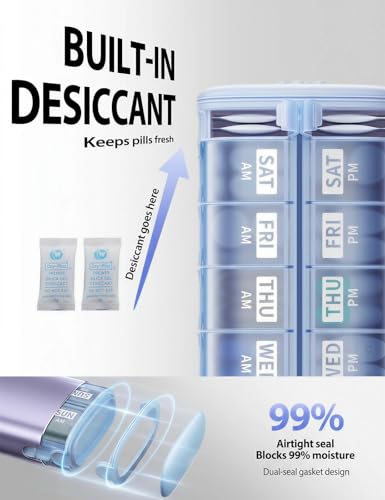 Image of Vaydeer Metal 7 Day Travel Pill Organizer 2 Times a Day, Built-in Desiccant | AM PM weekly Travel Pill Case, Twice-Daily,Airtight Large Capacity Pill Box for Vitamins, Medication, Supplements & Fish Oil