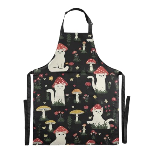 Bolaz Kitchen Aprons for Cooking Women with Pockets Waterproof Apron Cat Mushroom Bib Adjustable Baking Work