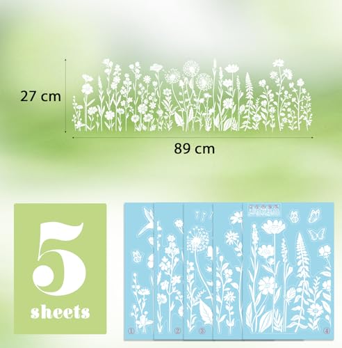 COMOOKA 5 Blatt Fensterbilder Frühling Blumen 89x27cm Pusteblumen Selbstklebend Fenstersticker Weiß Wiederverwendbar Sommer Ostern Wohnzimmer Kinderzimmer Deko Fenster Fensteraufkleber