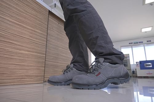 Image of Karam FS64 Suede Grey Leather Safety Shoes for Men | Double Density, Fiber Toe | Black PU Mid Sole,|Antistatic, Antislip, Oil & Heat Resistant | Grey