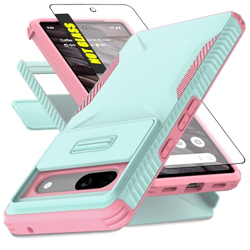 AWZHYDT for Google Pixel 7A 5G Case with Built-in Slide Camera Cover & Screen Protector [2 in 1] Heavy Duty Rugged Shockproof Protective Cover for Google Pixel 7A 5G(Cyan/Pink)