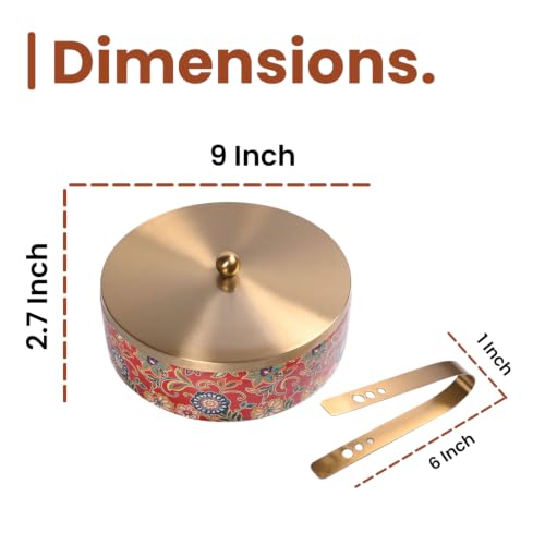 Image of Wooden Chapati Box for Kitchen - Casserole for Roti with Stainless Steel Brass Lid | Wooden Chapati Box with 1 Tong | Traditional Kitchen Organizer - Royal Red & Golden (Printed)