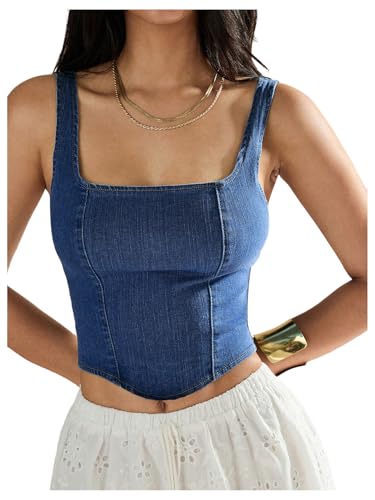 トップス Richmond denim tanktop Medium Wash Denim Cropped Smocked Tank Top | Lime Lush Boutique