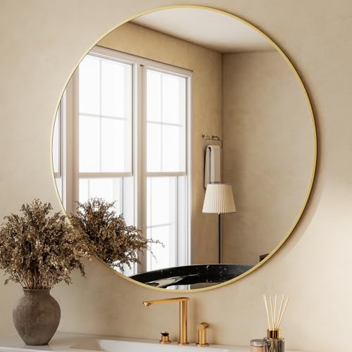 Image of HARRITPURE 48 Inch Round Mirror, Gold Circle Bathroom Mirror, Modern Aluminum Alloy Frame Large Vanity Wall Mirror for Living Room, Bedroom, Entryway