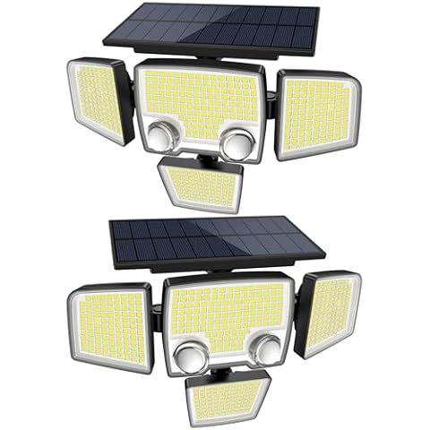 Tuffenough Solar Outdoor Lights with Motion Sensor - 2500LM Bright 4 Heads LED Security Flood Light with 2 Sensors - 3 Modes Solar Powered Detected Wall Lamp Fixtures Waterproof for Outside Yard Cover