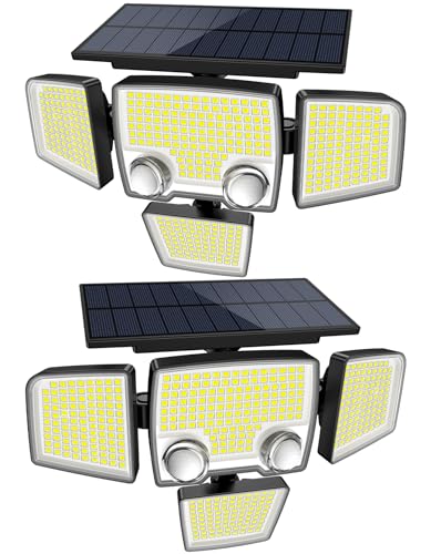 Tuffenough Solar Outdoor Lights with Motion Sensor - 2500LM Bright 4 Heads LED Security Flood Light with 2 Sensors - 3 Modes Solar Powered Detected Wall Lamp Fixtures Waterproof for Outside Yard