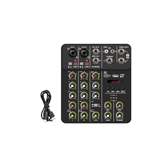 Mesa de Mezclas, Consola mezcladora de DJ V4, mezcladora de 4 canales, portátil, alimentación fantasma de 48 V, USB, con tarjeta de sonido for PC, grabación y canto(V4 Black Type)