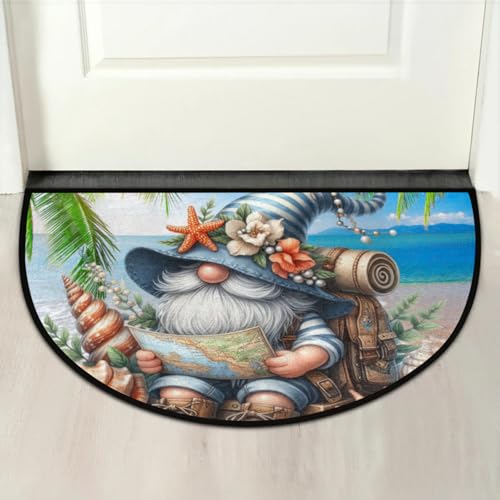 Image of Half Round Door Mat Palm Trees Gnome Non Slip Half Moon Rug Indoor Entrance Washable Half Circle Area Rugs Semi Circle Bathroom Rugs Floor Carpet for Kithen Bedroom Fireplace Decor