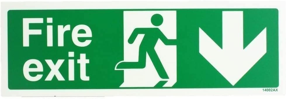 V Safety Glow In The Dark Fire Exit Arrow Down Sign - 300mm x 100mm - Rigid Plastic
