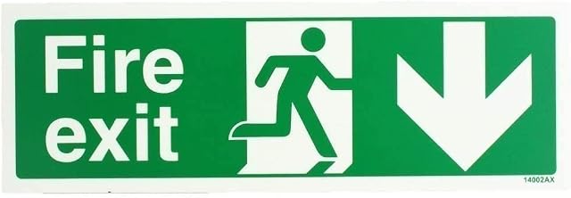 VSafety Glow In The Dark Fire Exit Arrow Down Sign - 300mm x 100mm - Rigid Plastic