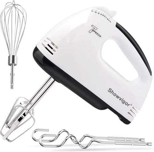 7-Speed Electric Hand Mixer Handheld Electric Whisk with Turbo Boost 304 Stainless Steel Beaters Dough Hooks & Whisk One Button Eject Portable Food Mixer for Baking Cooking Cakes Dough Cream White
