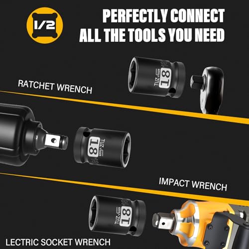 Image of 1 /2 Inch Drive 18mm Shallow Metric Impact Socket, CR-MO, 6 Point Radius Corner Design, Square Chamfered Opening, Axle Nut Impact Grade Socket for Easy Removal