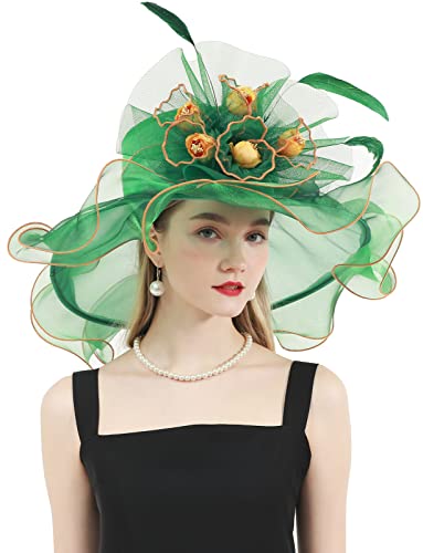 Paotit Womens Organza Church Derby Hat Flower Fascinator Wedding Tea Party Hat Wide Brim Sun Hat 012-Green #TOP11