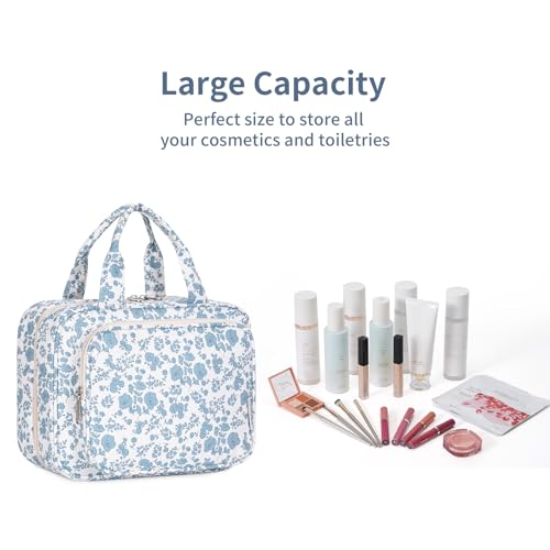Image of Narwey Large Hanging Toiletry Bag Travel Makeup Bag Cosmetic Organizer for Women and Girls, Z-Little Blue Flower, Medium