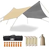 【Protección impermeable y solar】 Este refugio de lona para acampar está hecho de telas de poliéster 210 con una presión impermeable de 3000 o más, y las costuras están especialmente prensadas con calor para evitar fugas de agua de lluvia. La parte posterior de la lona para acampar está recubierta de plata para brindar protección UV 50+.