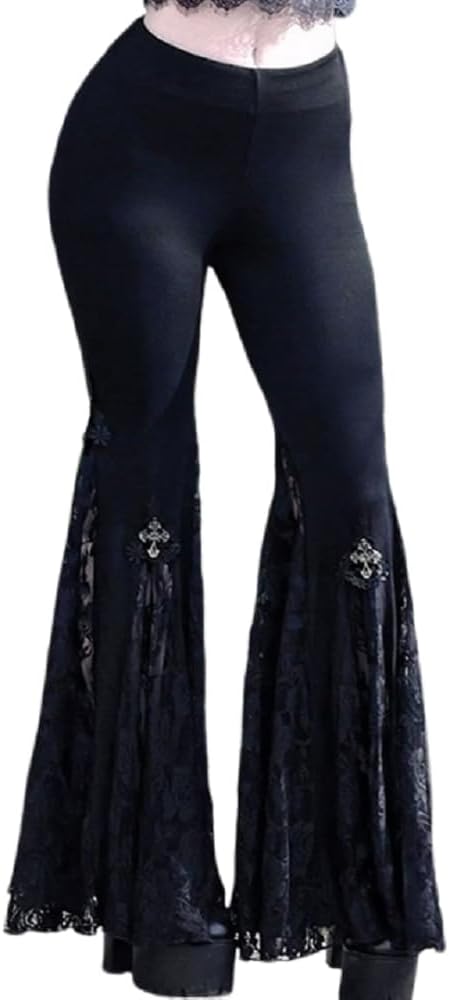 Women's Gothic Lace Flared Pants Wide Leg Palazzo Pants High Waist Mesh Bell Bottom Trousers for Party Festival Dance - Image 2