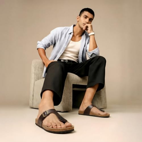 Image of YOHO Sandals for Men | Leather Thong Sandals with Cork Footbed for Daily Wear- SDL