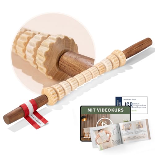 styleholz Faszienstab Woodstick FLEX mit GERILLTEN Massage-Elementen [DAS ORIGINAL aus Österreich Echte Handarbeit] Biegsamer Faszien-Massagestab aus Holz Faszientraining ohne Rollen am Boden