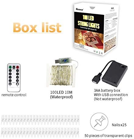 Photo Clip String Lights,USB or Battery Powered,100 LED 10M Copper Wire Hanging String Fairy Lights with Remote,Decoration for Indoor Bedroom Wedding Party (50 Clip & 25 Nails,Warm White,8 Modes)