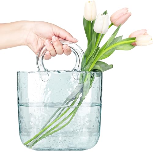 FNG8 Jarrones Decorativos Modernos de Cristal en Forma de Bolso - Jarrón Cristal Azul Claro Soplados a Mano con Estética de Burbujas de Agua para Flores, Frutas, Popurrí, Peces Pequeños, Dulces