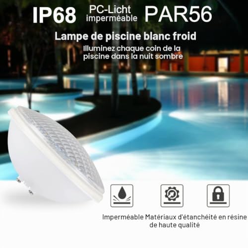 KOLLNIUN Éclairage de piscine LED, lampes de piscine PAR56, éclairage de piscine étanche IP68, éclairage sous-marin blanc froid 40 W, phare de piscine 12 V CA/CC pour aménagement paysager, jardin – vue 2